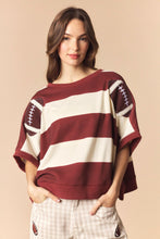Load image into Gallery viewer, Peach Love Stripe Dolman Sleeve Crop Sweatshirt with Football Patches in Red Brown/Cream