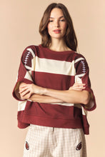 Load image into Gallery viewer, Peach Love Stripe Dolman Sleeve Crop Sweatshirt with Football Patches in Red Brown/Cream
