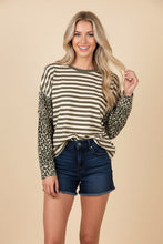 Load image into Gallery viewer, Heimish Mixed Pattern Striped And Leopard Patchwork Knit Top in Khaki/Sand