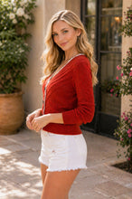 Load image into Gallery viewer, Sew in Love Cable Knit Lace Trim Button-Front Cardigan in Red