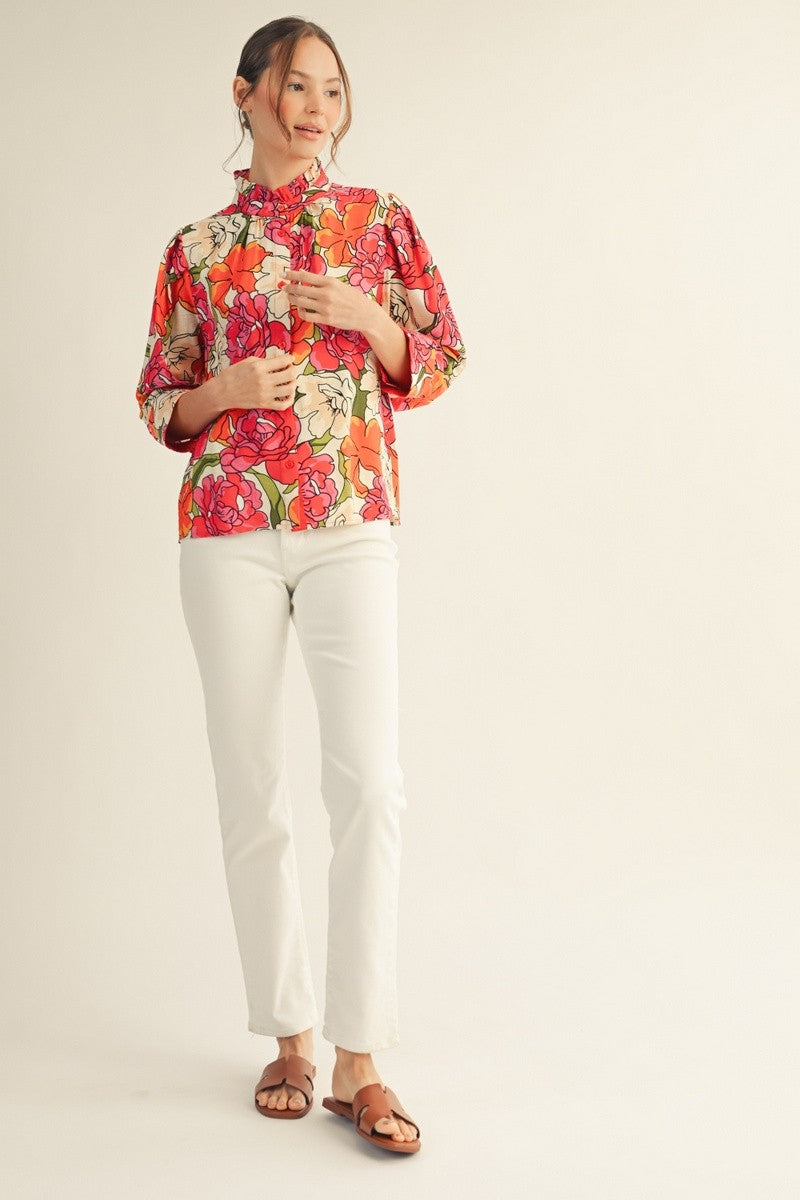 Jodifl Bold Floral Top with Contrasting Solid Accents in Red