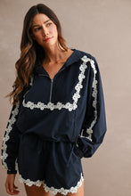 Load image into Gallery viewer, MABLE Hood Half Zip-up Lace Trim Windbreaker Jacket And Shorts Set in Navy