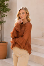 Load image into Gallery viewer, Sew in Love Sheer Ruffle Trim Tie-Front Chiffon Blouse in Brick