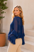 Load image into Gallery viewer, Sew in Love Sheer Ruffle Trim Tie-Front Chiffon Blouse in Denim