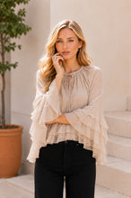 Load image into Gallery viewer, Sew in Love Sheer Ruffle Trim Tie-Front Chiffon Blouse in Oatmeal