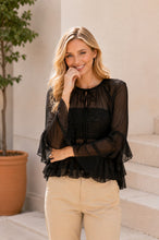 Load image into Gallery viewer, Sew in Love Sheer Ruffle Trim Tie-Front Chiffon Blouse in Black