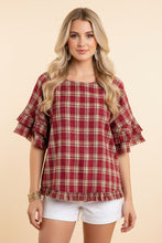 Load image into Gallery viewer, Heimish Plaid Ruffle Sleeve Relaxed Fit Blouse in Red