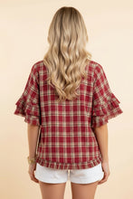Load image into Gallery viewer, Heimish Plaid Ruffle Sleeve Relaxed Fit Blouse in Red