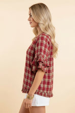 Load image into Gallery viewer, Heimish Plaid Ruffle Sleeve Relaxed Fit Blouse in Red