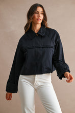 Load image into Gallery viewer, MABLE Solid Ruffle Trim Collar Button Down CROPPED Trench Jacket in Navy