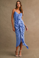 Load image into Gallery viewer, MABLE Satin Front Ruffle Ruched Midi Dress in Periwinkle