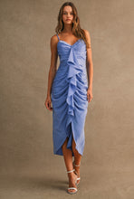 Load image into Gallery viewer, MABLE Satin Front Ruffle Ruched Midi Dress in Periwinkle