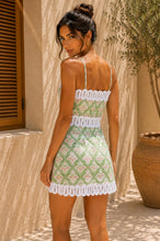 Load image into Gallery viewer, Viviluna Mosaic Tile Print Scallop Lace Trim Mini Dress in Green Multi