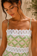 Load image into Gallery viewer, Viviluna Mosaic Tile Print Scallop Lace Trim Mini Dress in Green Multi