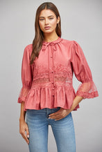 Load image into Gallery viewer, FATE Lace Insert Peplum Style Top in Slate Rose