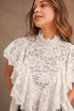 Load image into Gallery viewer, MABLE Sheer Floral Lace Layered Ruffles Cropped Blouse in Cream