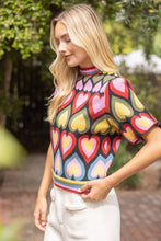 Load image into Gallery viewer, VOY Short Bubble Sleeve Heart Print Knit Top in Multi