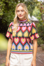 Load image into Gallery viewer, VOY Short Bubble Sleeve Heart Print Knit Top in Multi