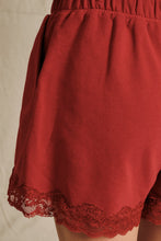 Load image into Gallery viewer, Sunday Edition Lace Trim French Terry Sweatshorts in Dark Red