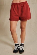 Load image into Gallery viewer, Sunday Edition Lace Trim French Terry Sweatshorts in Dark Red