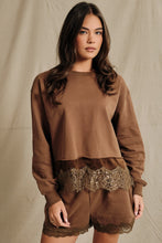 Load image into Gallery viewer, Sunday Edition Lace Trim Hem Sweatshirt in Brown