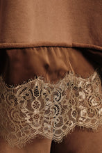 Load image into Gallery viewer, Sunday Edition Lace Trim Hem Sweatshirt in Brown