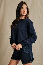 Load image into Gallery viewer, Sunday Edition Lace Trim Hem Sweatshirt in Navy