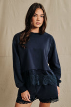 Load image into Gallery viewer, Sunday Edition Lace Trim Hem Sweatshirt in Navy