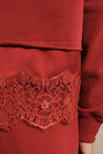 Load image into Gallery viewer, Sunday Edition Lace Trim Hem Sweatshirt in Dark Red