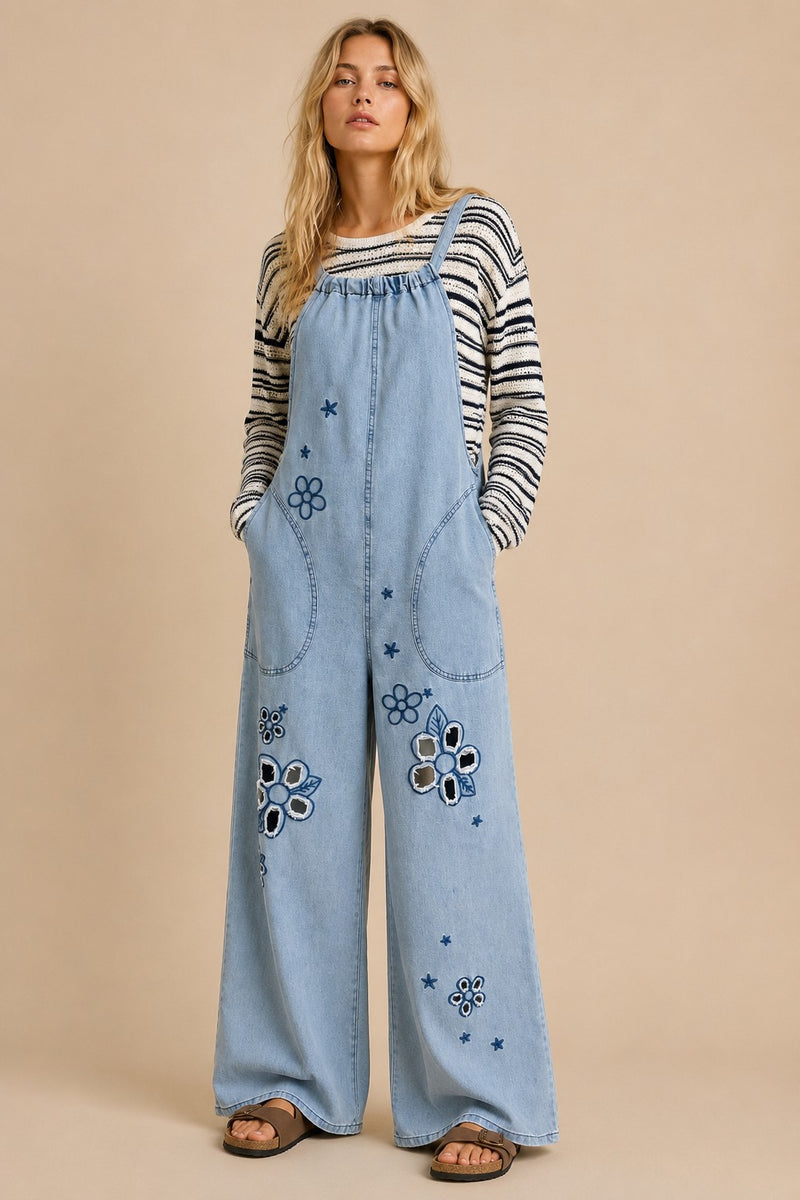 J.nna Retro Floral Embroidered Denim Jumpsuit in Light Denim