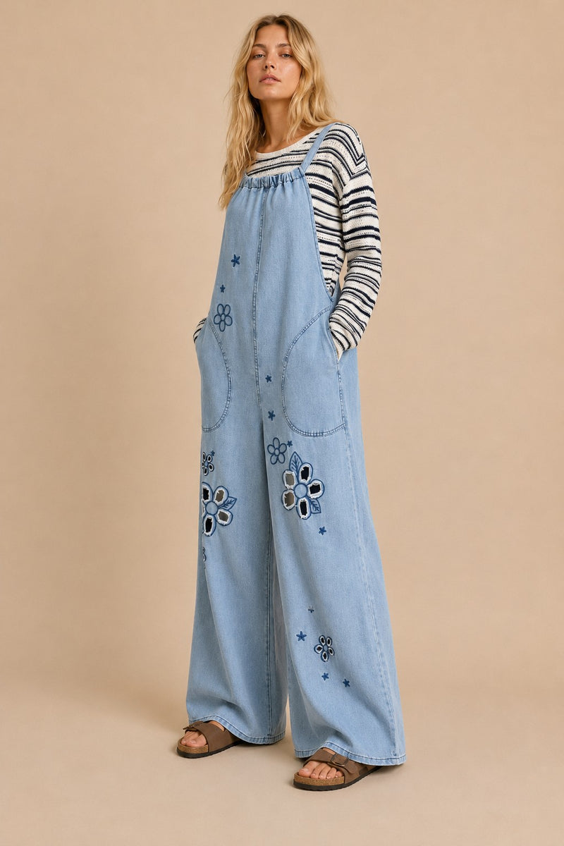 J.nna Retro Floral Embroidered Denim Jumpsuit in Light Denim