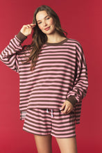 Load image into Gallery viewer, Peach Love Contrasting Stripe Sweatshirt And Shorts Set in Brown/Pink
