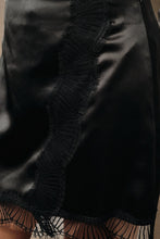 Load image into Gallery viewer, Sunday Edition High Waisted Satin Surplice Lace Trim Mini Skirt in Black