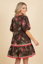 Load image into Gallery viewer, Heimish Botanical Floral Puff Sleeve Tiered Mini Dress in Brown