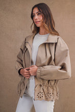 Load image into Gallery viewer, MABLE Oversized Zip Front Eyelet Cutout Hem Jacket in Taupe