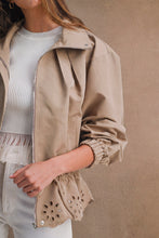 Load image into Gallery viewer, MABLE Oversized Zip Front Eyelet Cutout Hem Jacket in Taupe
