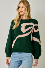 Load image into Gallery viewer, Mystree Rhinestone Ribbon Motif Sweater in Hunter Green