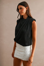 Load image into Gallery viewer, MABLE Satin Sleeveless Draped Shoulder Pad Wrap Front Top in Black