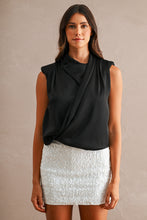 Load image into Gallery viewer, MABLE Satin Sleeveless Draped Shoulder Pad Wrap Front Top in Black