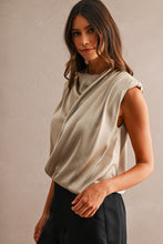 Load image into Gallery viewer, MABLE Satin Sleeveless Draped Shoulder Pad Wrap Front Top in Taupe