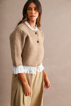 Load image into Gallery viewer, MABLE Knit Poplin Ruffle Button Up Cardigan in Mocha