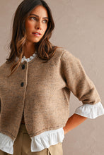 Load image into Gallery viewer, MABLE Knit Poplin Ruffle Button Up Cardigan in Mocha