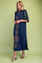 Load image into Gallery viewer, GiGio Floral Embroidered Striped Detail V-Neck Midi Dress in Navy