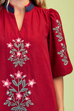 Load image into Gallery viewer, GiGio Floral Embroidered Striped Detail V-Neck Midi Dress in Burgundy