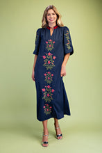 Load image into Gallery viewer, GiGio Floral Embroidered Striped Detail V-Neck Midi Dress in Navy