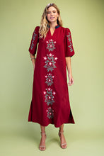 Load image into Gallery viewer, GiGio Floral Embroidered Striped Detail V-Neck Midi Dress in Burgundy