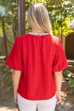 Load image into Gallery viewer, VOY Pearl Round Neck Houndstooth Bubble Sleeve Top in Red