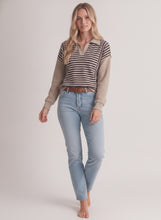 Load image into Gallery viewer, Tres Bien Striped Polo Collar Cloudy Knit Sweater in Brown/Taupe