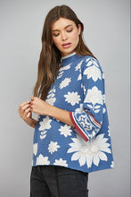 Load image into Gallery viewer, FATE Floral Border Jacquard Knit Mock Neck Sweater Steel Blue