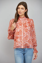 Load image into Gallery viewer, FATE Floral Print Silky Chiffon Ruffled High Neckline Button Down in Soft Peach Multi